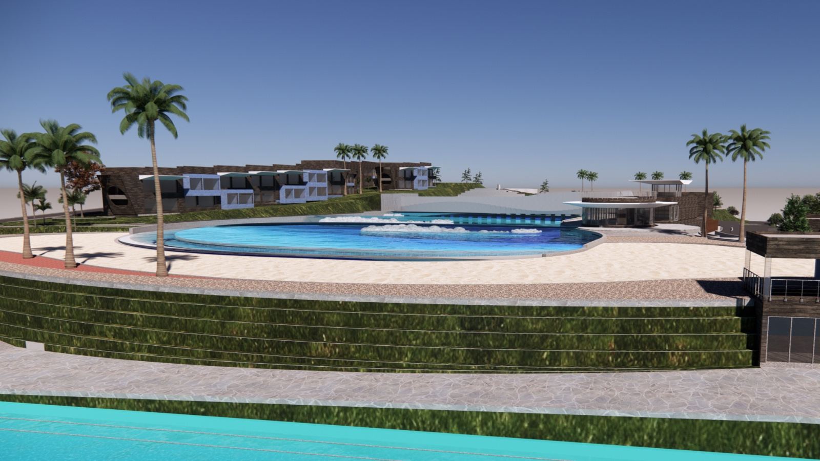 Render of a resort-style surf park with an OST wave pool